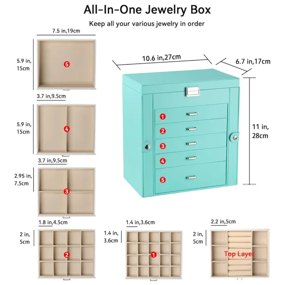 Large Jewelry Box 6-Tier PU Leather 5 Drawer Organizer Multifunctional Turquoise